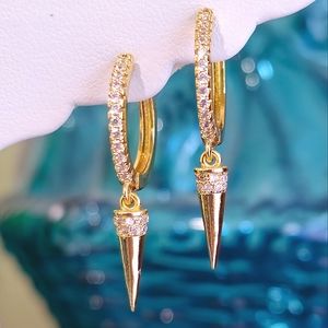 18KT GOLD CRYSTAL DIAMOND ZIRCON CZ SPIKE DANGLE  HOOPS☆NEW☆GLAM MOTO PUNK BOHO
